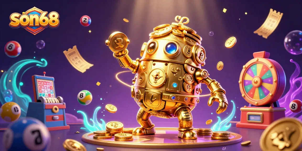Engage with thrilling son68 gambling experiences featuring dynamic golden golem and colorful lottery elements.