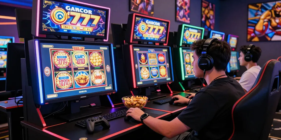 Engaged player enjoying slot gacor 777 online gaming experience with vibrant visuals and snacks in a lively atmosphere.