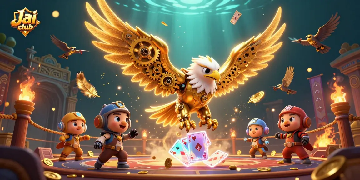 Engage in thrilling action at Jai club with cybernetic eagle soaring among casino elements.