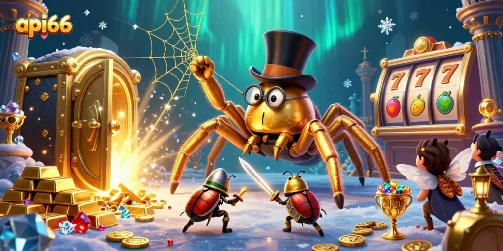 Win big with api66 as the giant golden tarantula spins golden slot reels in a vibrant casino scene.