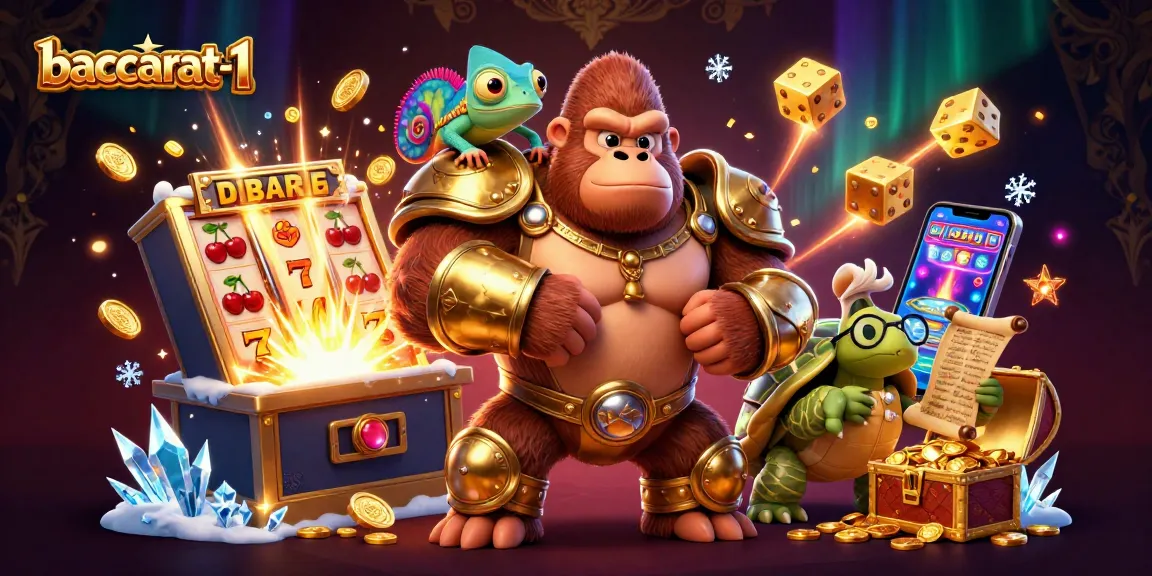 Baccarat-1 unleashes excitement with a gorilla king, chameleon, and tortoise among explosive casino elements.