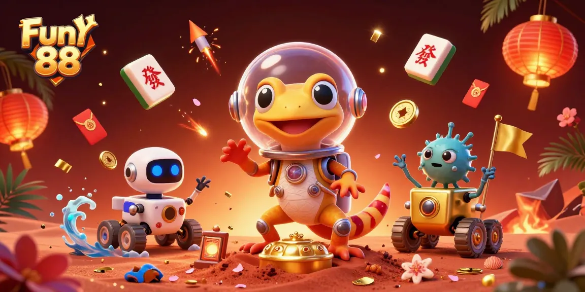 Engage in Fun 88 gaming with a Martian gecko discovering a golden casino amidst vibrant elements.