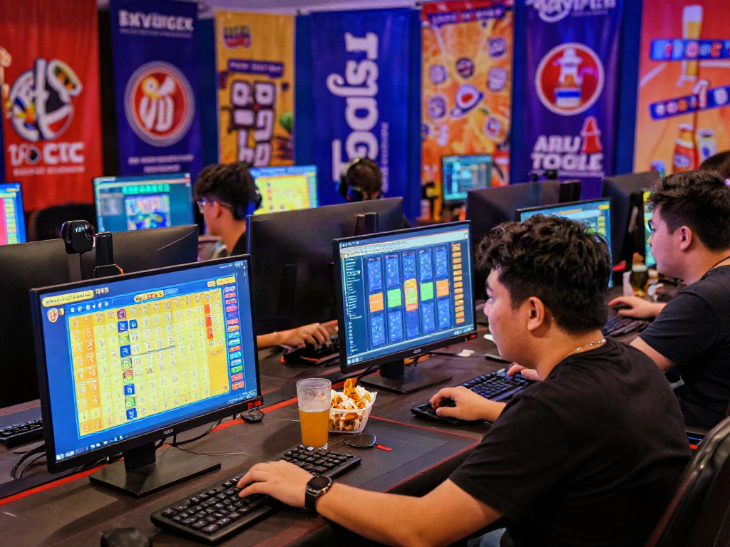 Excited gamers participating in situs togel betting with colorful displays and vibrant atmosphere