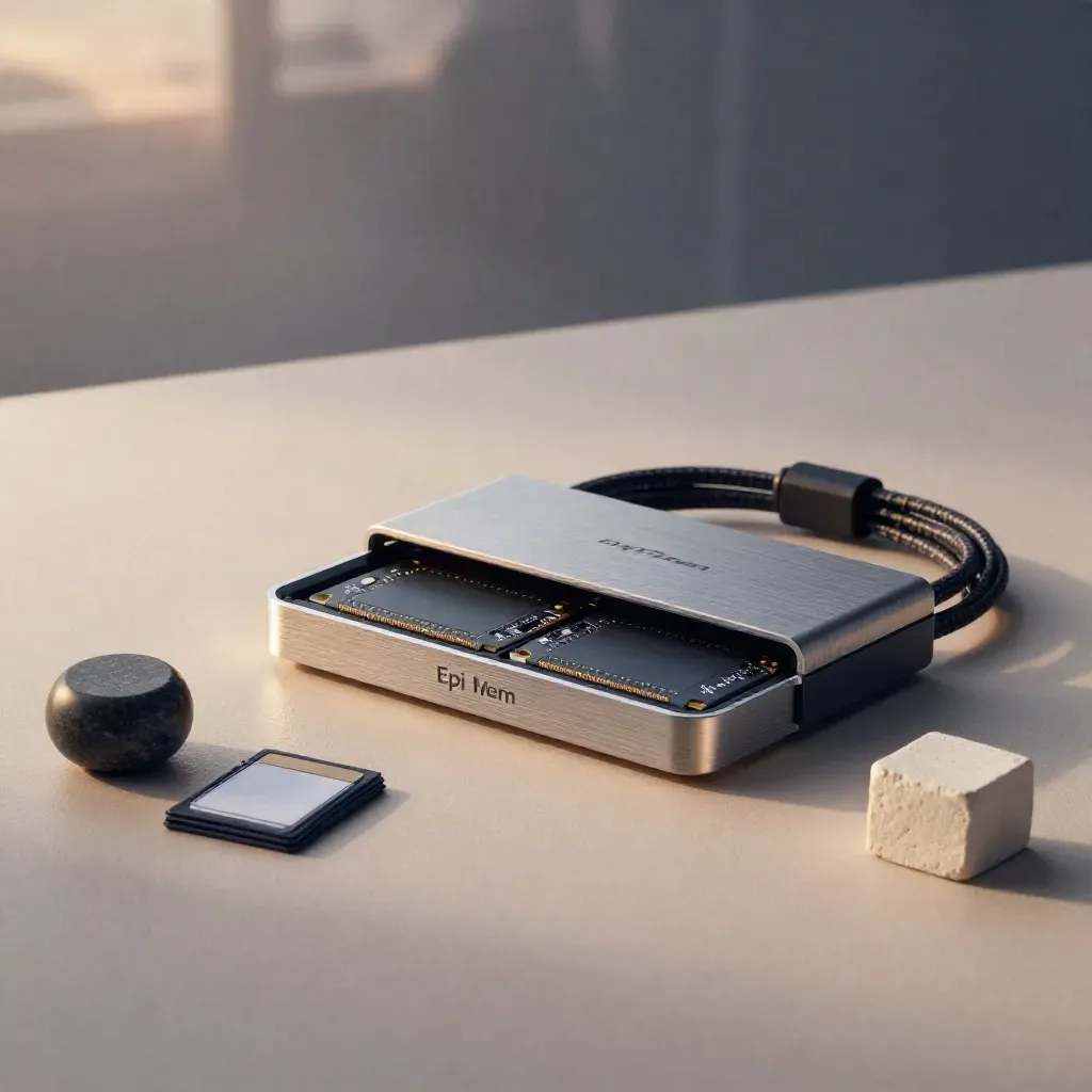 Brushed-aluminum memory dock with SSD sleds, braided cable, archival cards and stone on plaster.