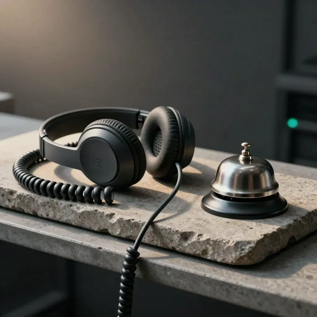 Coiled headset, handset and bell on stone tray with cyan glow