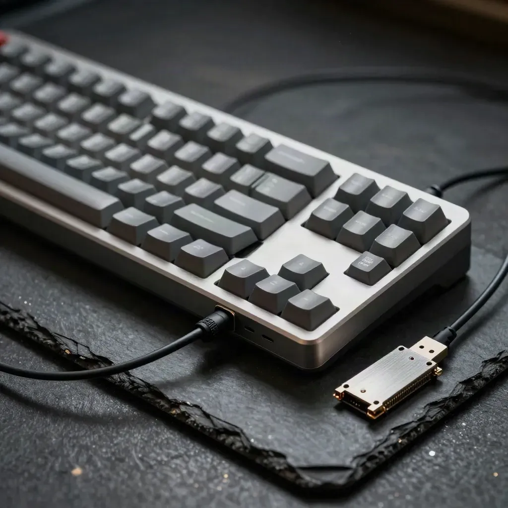 Keyboard, USB hub, and server-blade model on dark slate with a loose cable