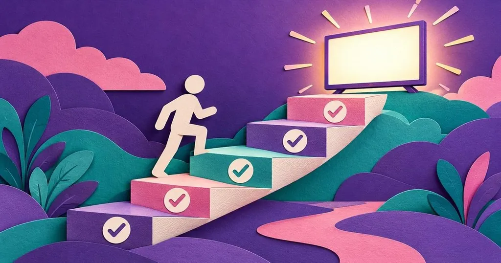 Paper-cut staircase leading to a TV, showing the steps to subscribe to IPTV