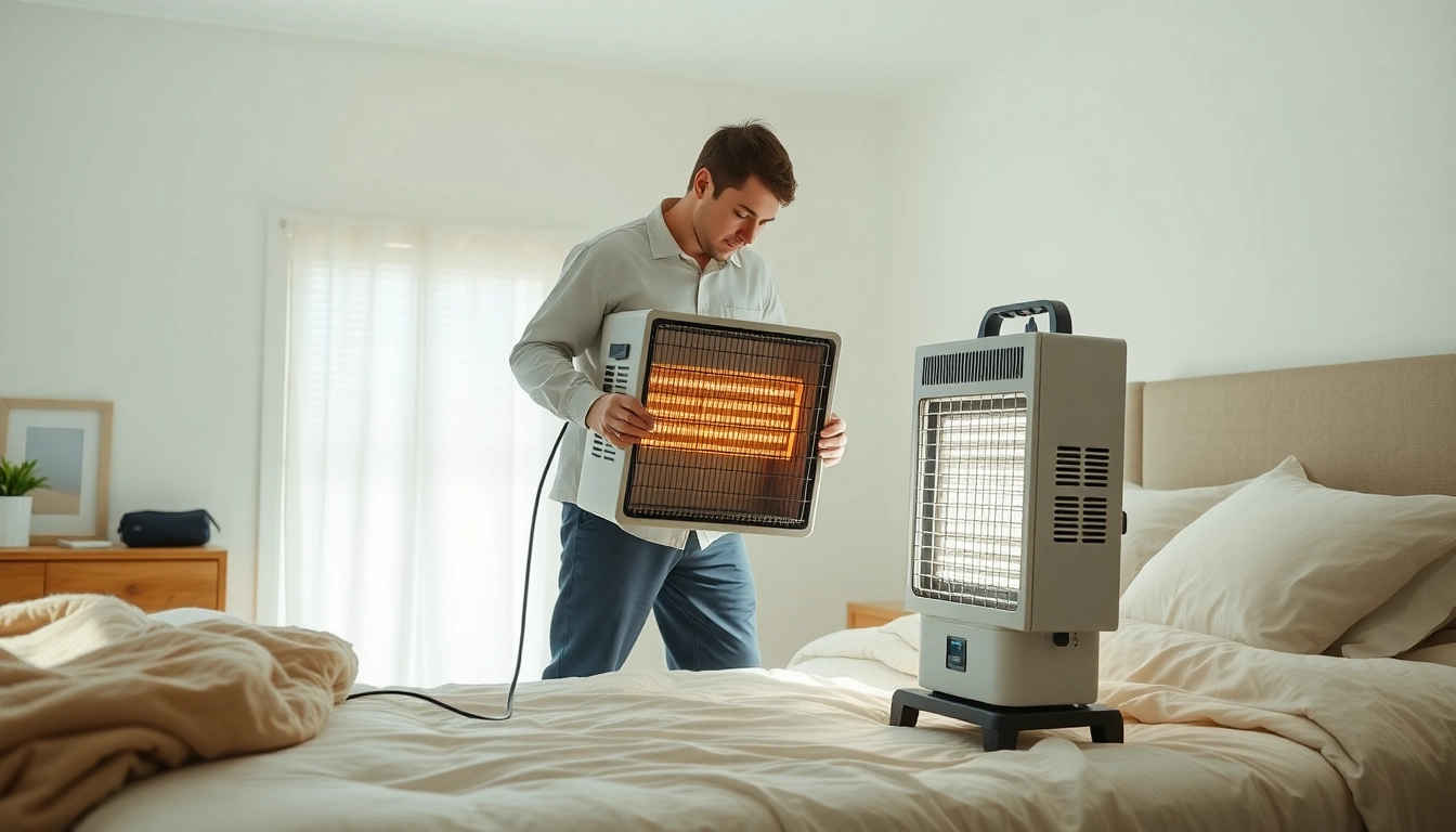 Technician executing bed bug heat treatment in a clean bedroom with industrial heater.