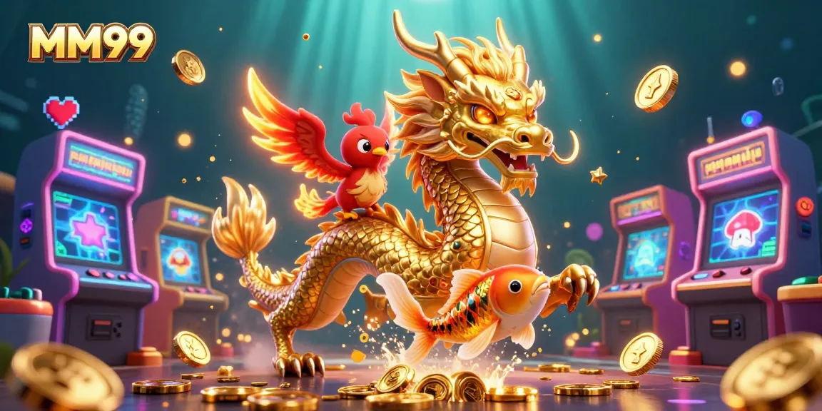Experience the excitement of MM99 with dynamic gaming characters amid golden coins.