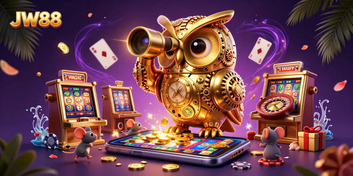 Experience JW88's vibrant casino scene with a golden owl and animated gaming elements.