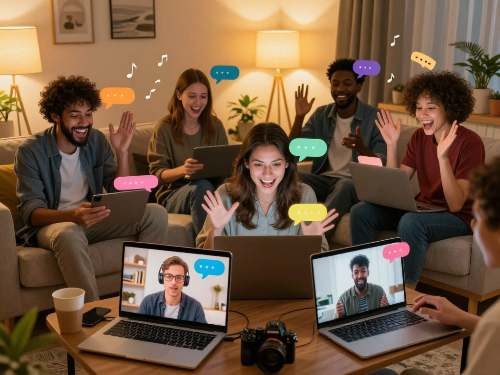 Engaging hentai chat session among diverse individuals enjoying vibrant online interactions in a cozy living room.