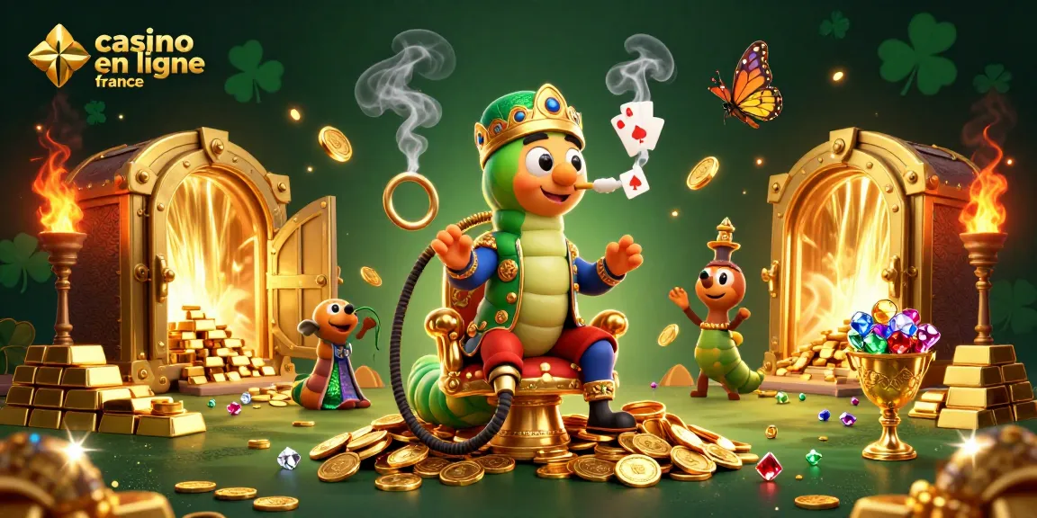 Jouez à votre casino en ligne France avec cette illustration captivante de personnalités ludiques et d'éléments riches en or.
