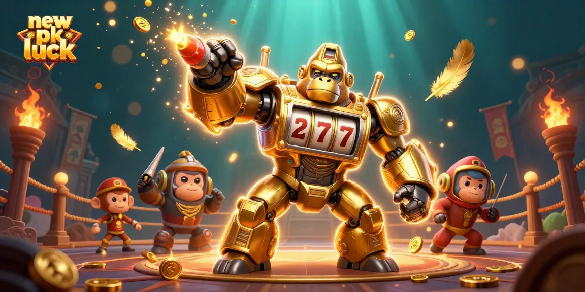 Spin the reels at new pk luck with golden mech slot machine surrounded by casino elements.