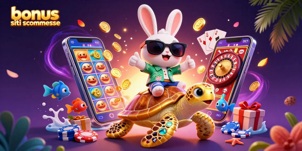 Scopri bonus siti scommesse con un coniglio fortunato e una tartaruga in un'illustrazione 3D vivace.