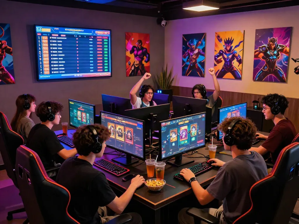 Exciting gaming lounge scene featuring friends enjoying slot gacor games together.