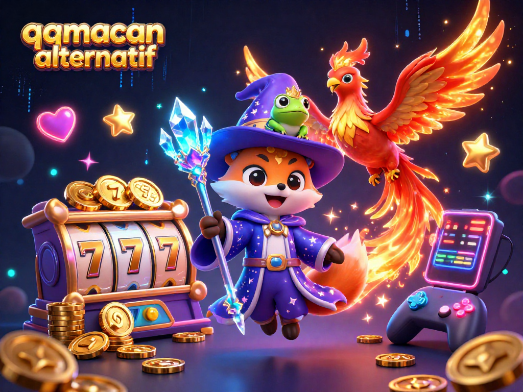 Experience the thrill of winning with qqmacan alternatif in this colorful casino illustration featuring a wizard fox and game elements.