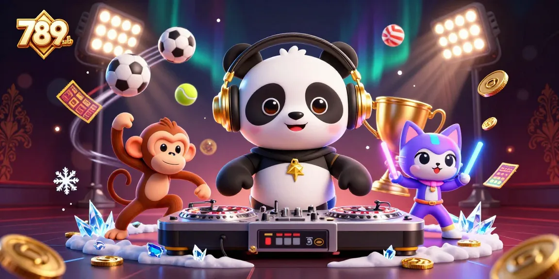 Experience thrilling games at 789club with DJ panda, breakdancing monkey, and vibrant casino elements.