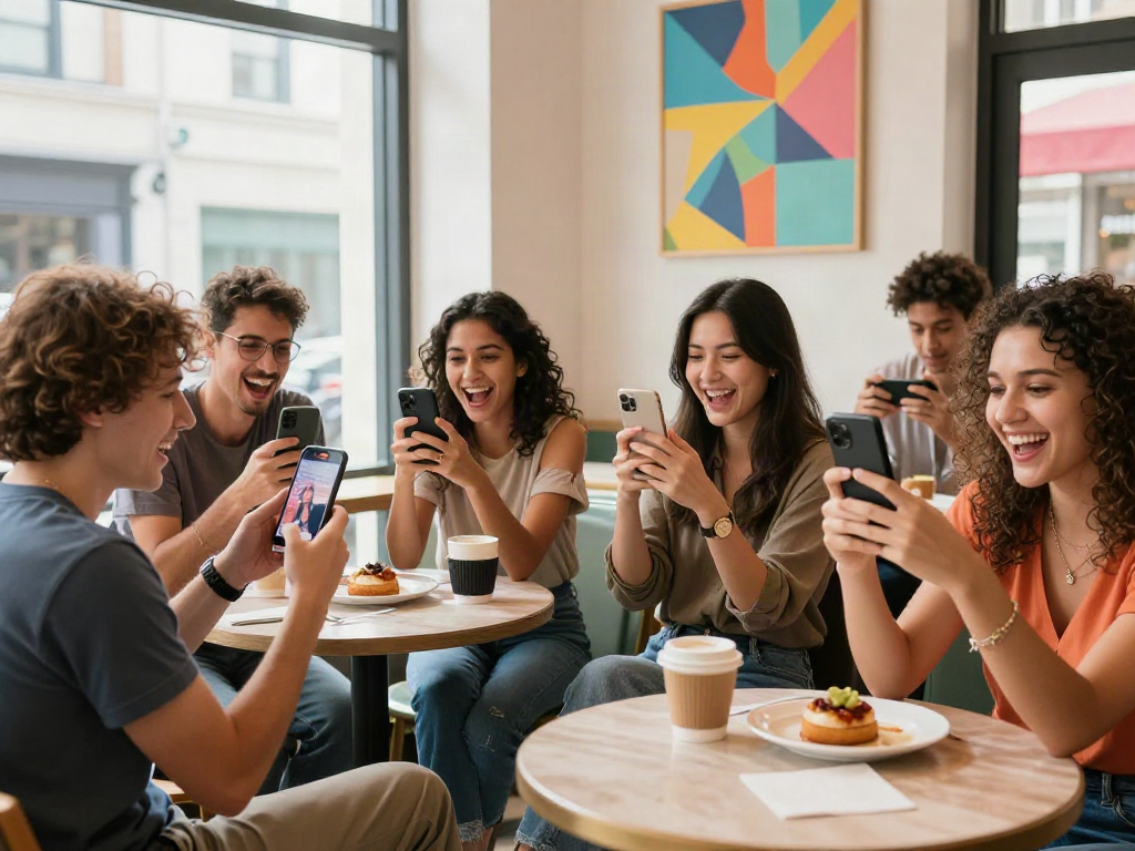 Friends comparing photos to see who looks like celebrities in a trendy café.