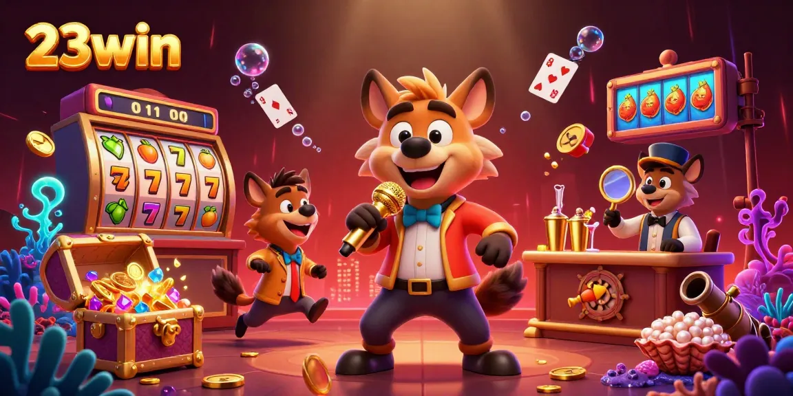 Experience 23win's lively comedy casino club featuring packed action with vibrant hyenas and iconic gaming elements.
