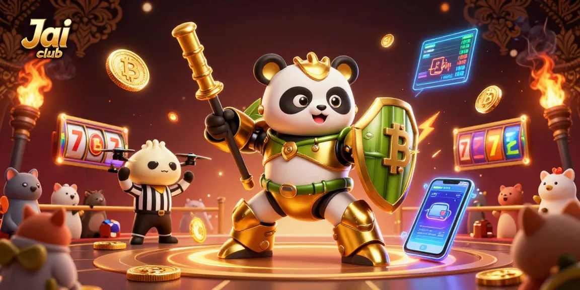 Engage with thrilling Jai club games amid a vibrant 3D arena showcasing slot reels and crypto elements.