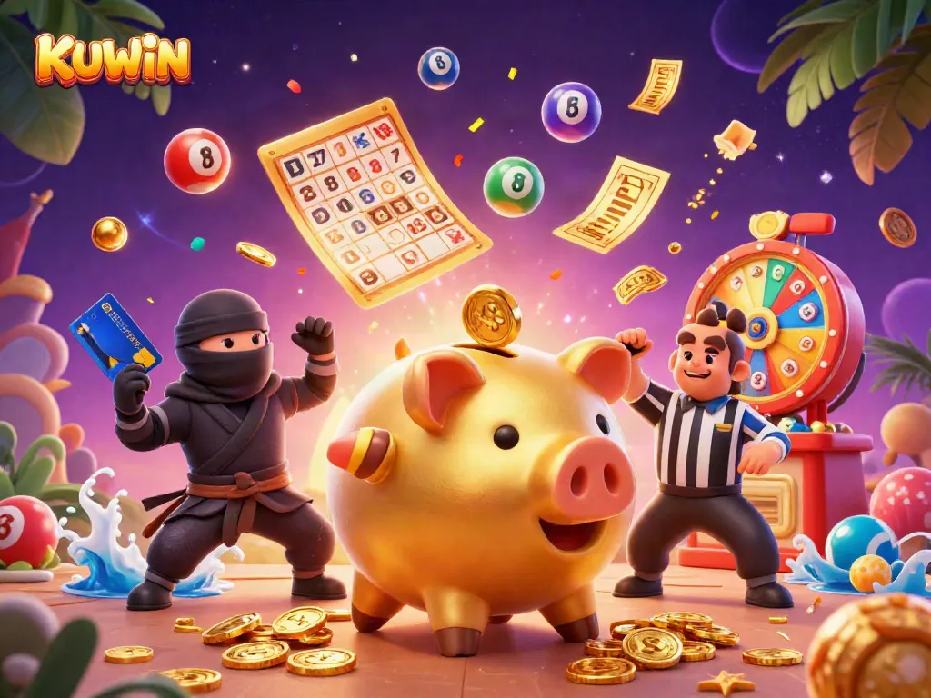 KUWIN features dynamic characters enjoying a vibrant casino atmosphere, celebrating winnings and excitement.