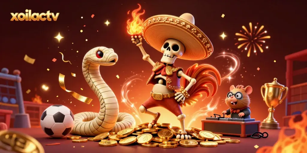 Xoilactv features an exciting sports betting scene with vibrant characters and energetic confetti effects.