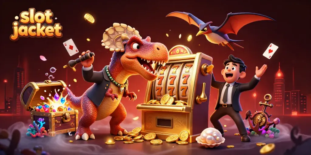 Ilustrasi jackpot slot menggambarkan pachycephalosaurus yang menabrak mesin slot emas untuk mendapatkan koin jackpot.
