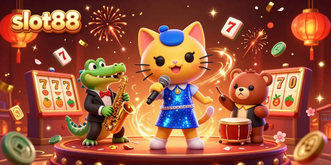 Experience dynamic gameplay with slot88 as our jazz-singer cat and friends perform on a lively casino stage.