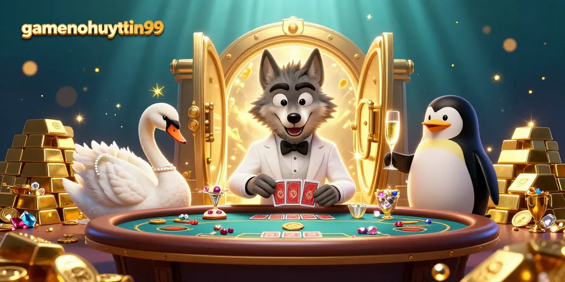 Experience thrilling baccarat with gamenohuuytin99’s vibrant wolf, swan, and penguin scene.