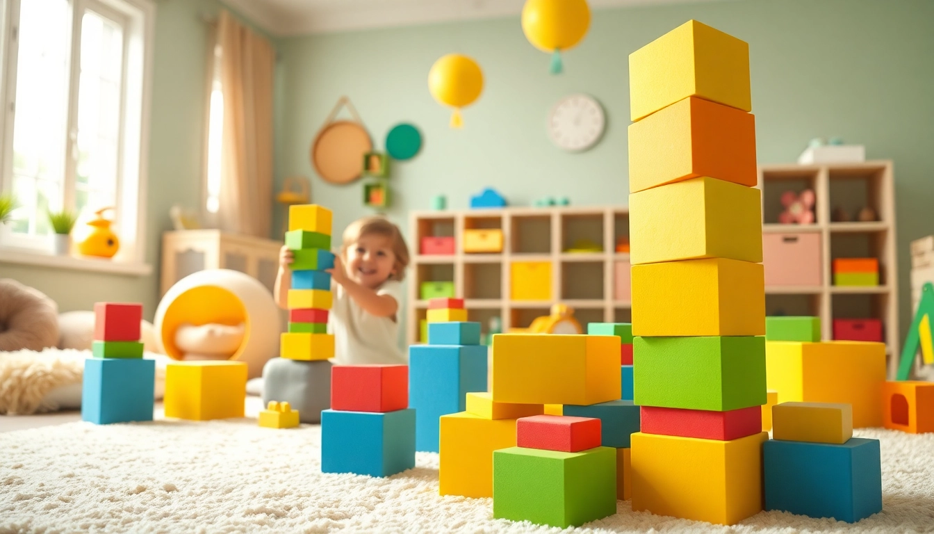 Get the details on giant foam building blocks as a child creates in a colorful playroom.