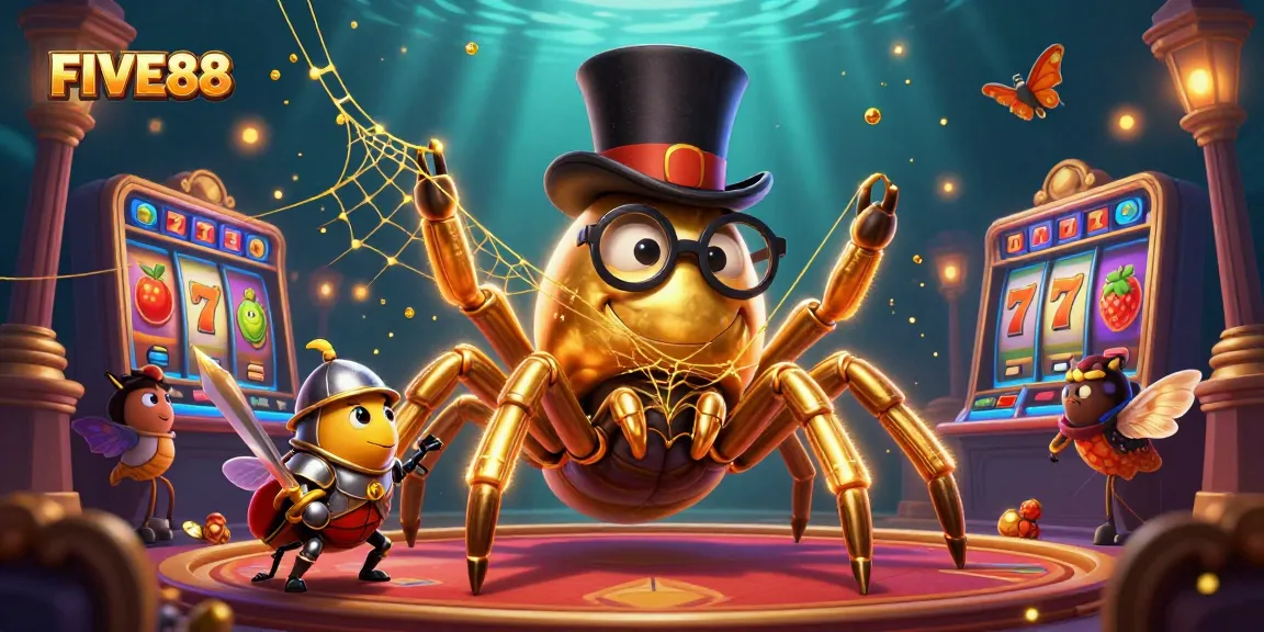 Experience the thrill of FIVE88 slots with an artistic depiction of a golden tarantula and beetle knight.