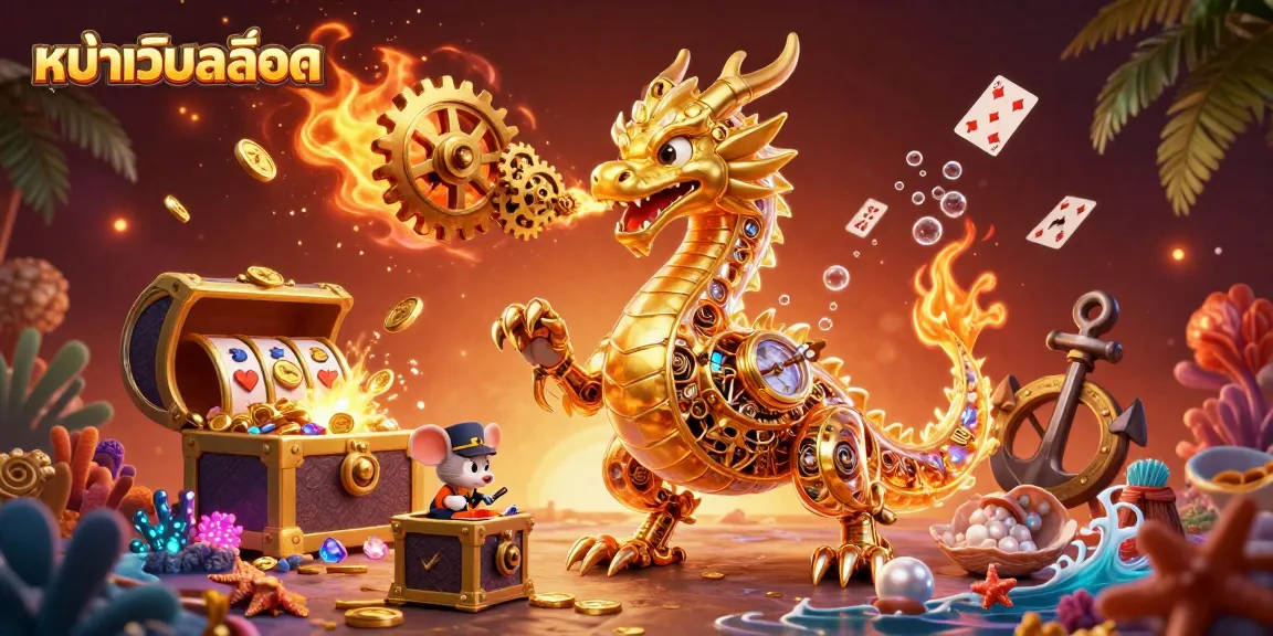 Engage with the dynamic scene at หน้าเว็บสล็อต featuring a golden dragon and slot reels.