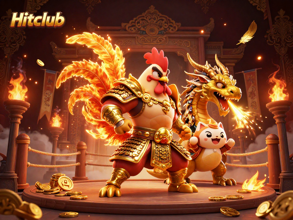 Hitclub interactive scene with battling characters and golden gaming elements.