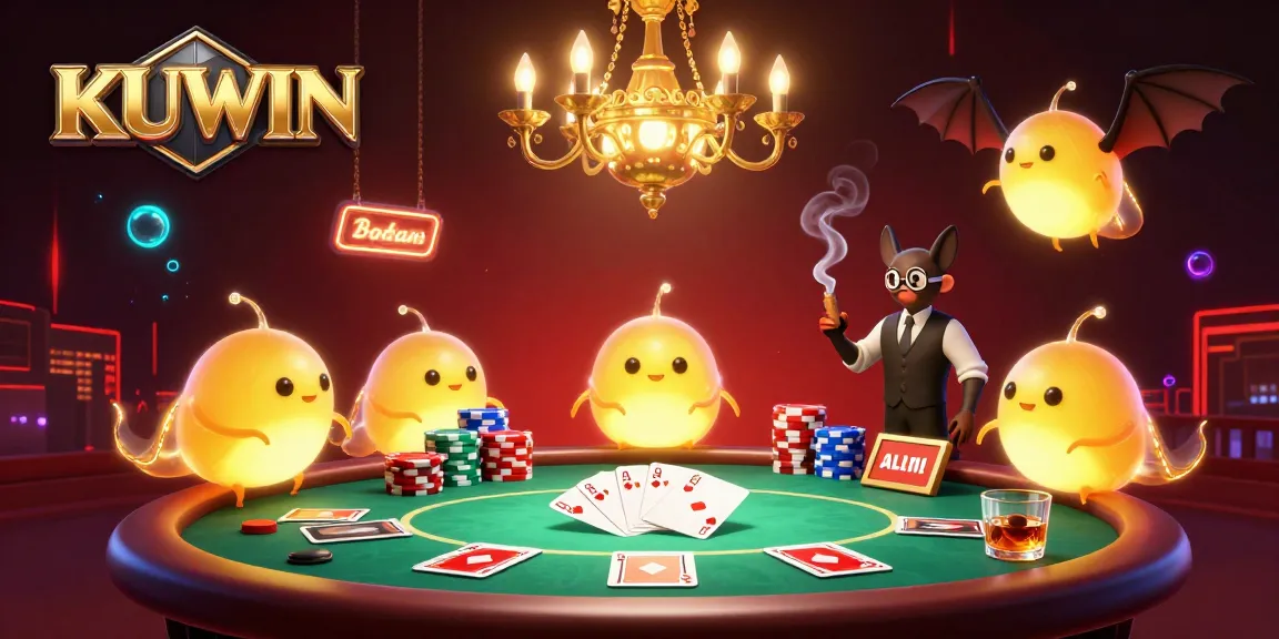 Experience the vibrant casino scene with KUWIN's glowworms lighting up a poker table and bat dealer.