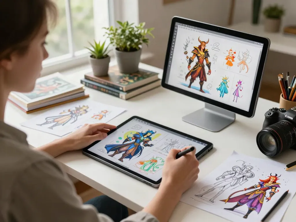 AI character sheet generator workspace with an artist illustrating character designs.
