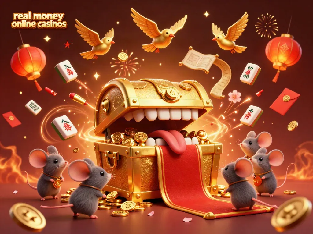 Celebrate with thrilling adventures at real money online casinos featuring treasure chests, golden coins, and festive elements.