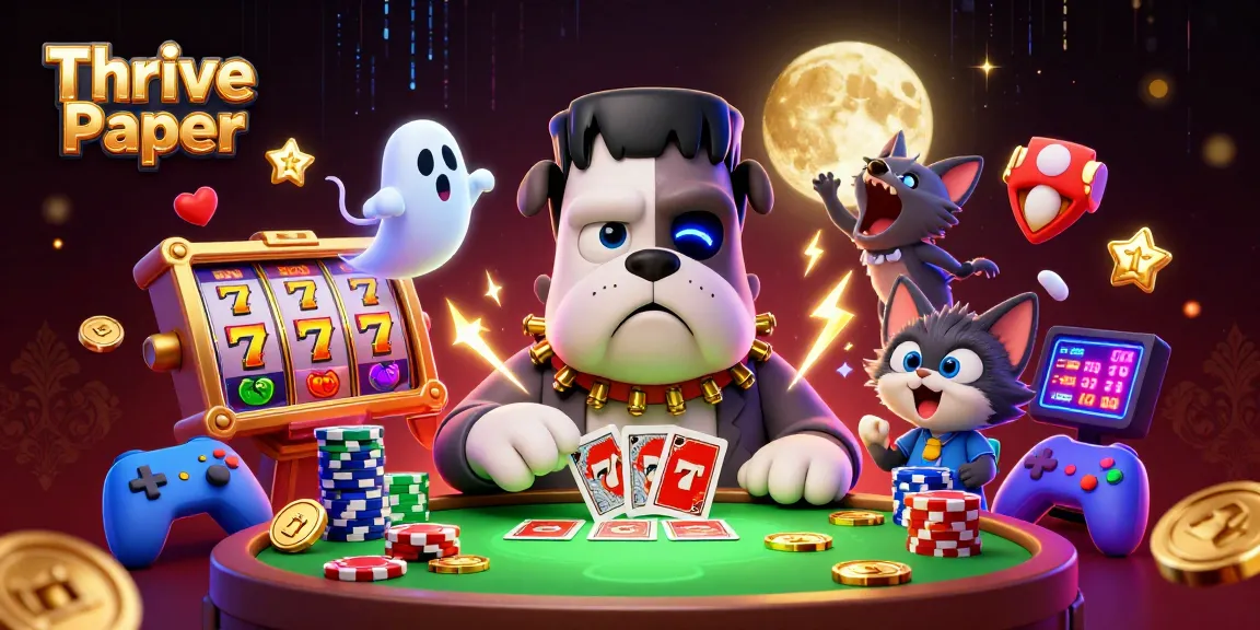 Engage with Thrive Paper's vibrant casino scene featuring a Frankenstein bulldog monster dealing cards.