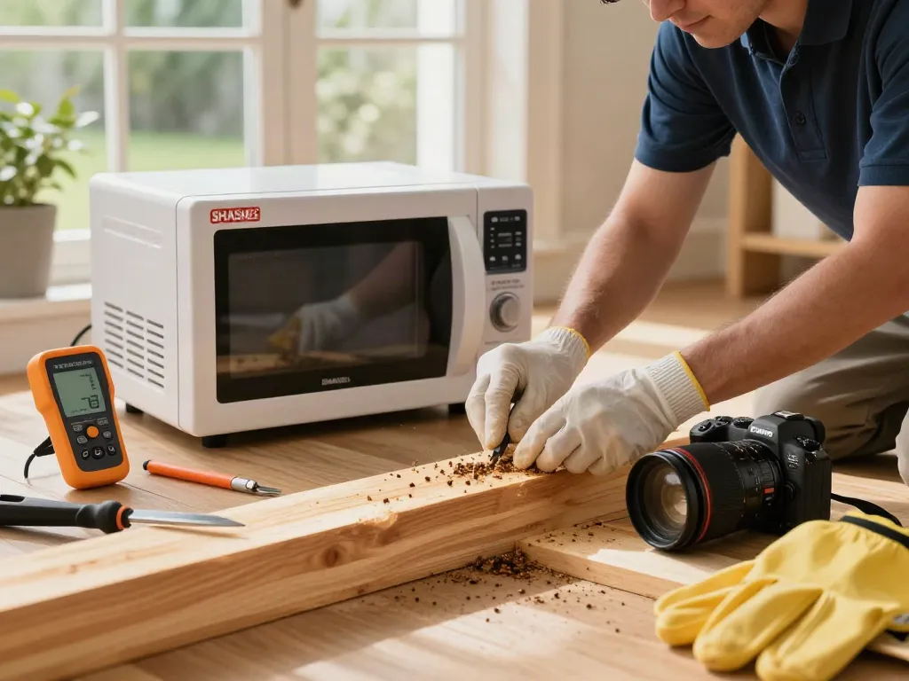 SHASHEL® microwave equipment effectively eliminating wood-boring insects in a home environment.
