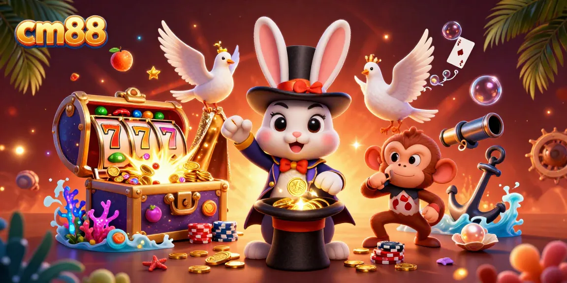 Spin the reels at cm88 with a magical rabbit pulling in jackpots and shining poker chips.