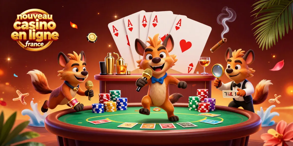 Casino comique animé montrant un stand-up avec nouveau casino en ligne France, un barman et un agent de sécurité.