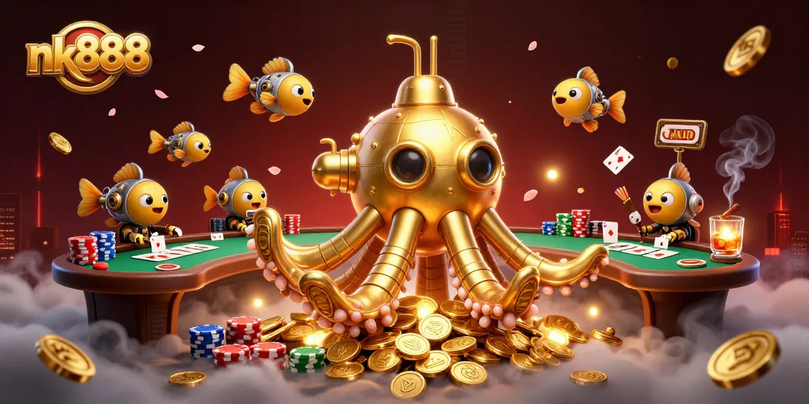 Engage with exciting gaming at nk888, featuring a golden kraken submarine amidst golden coins and poker excitement.