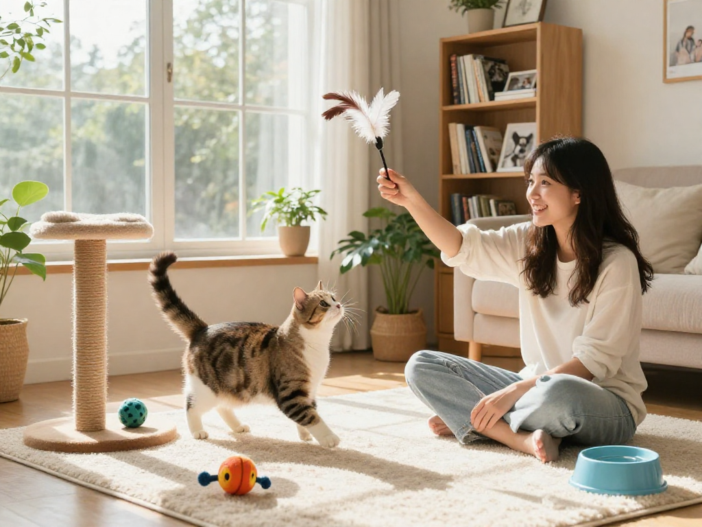 玩具猫（快喵）在阳光明媚的客厅里，年轻女性和宠物间的快乐时光。
