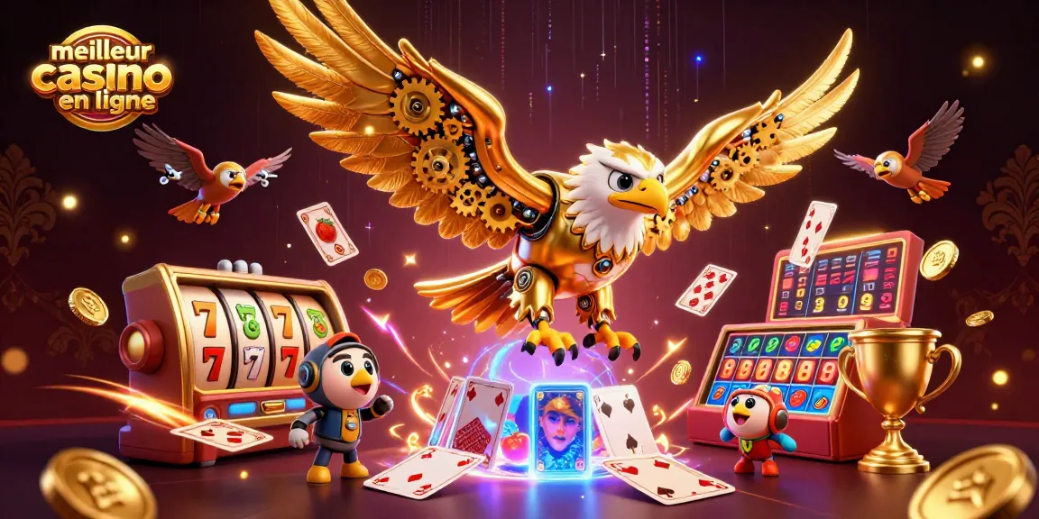 Plongez dans l'univers du meilleur casino en ligne avec des machines à sous et un aigle cyborg.