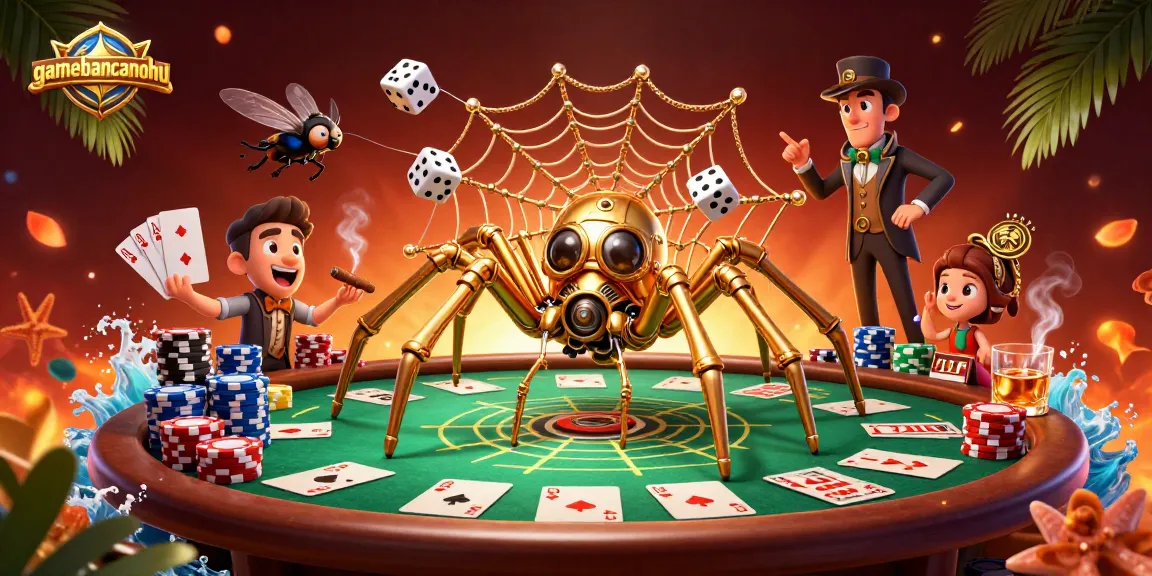 Experience gamebancanohu with a steampunk spider crafting a golden poker web.