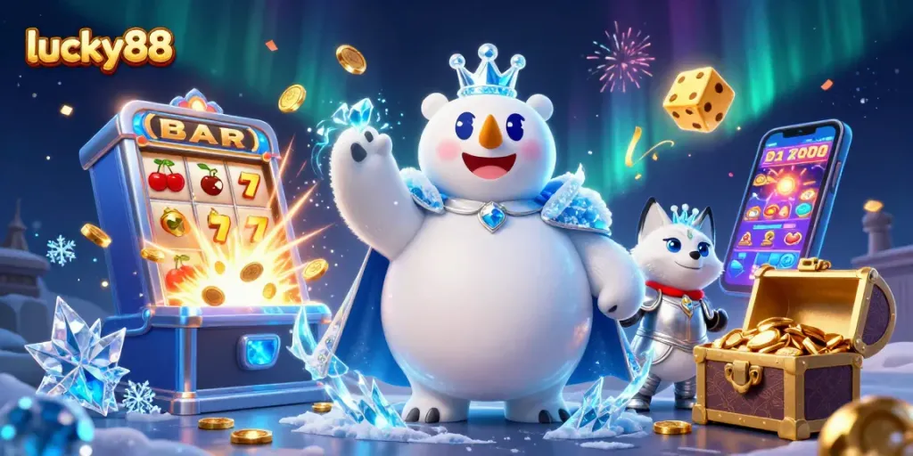 Experience thrilling casino action at lucky88 with vibrant slots, gold coins, and captivating characters.