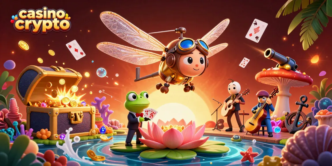 Jouer sur un casino crypto avec un croupier grenouille et un pilote libellule futuriste.
