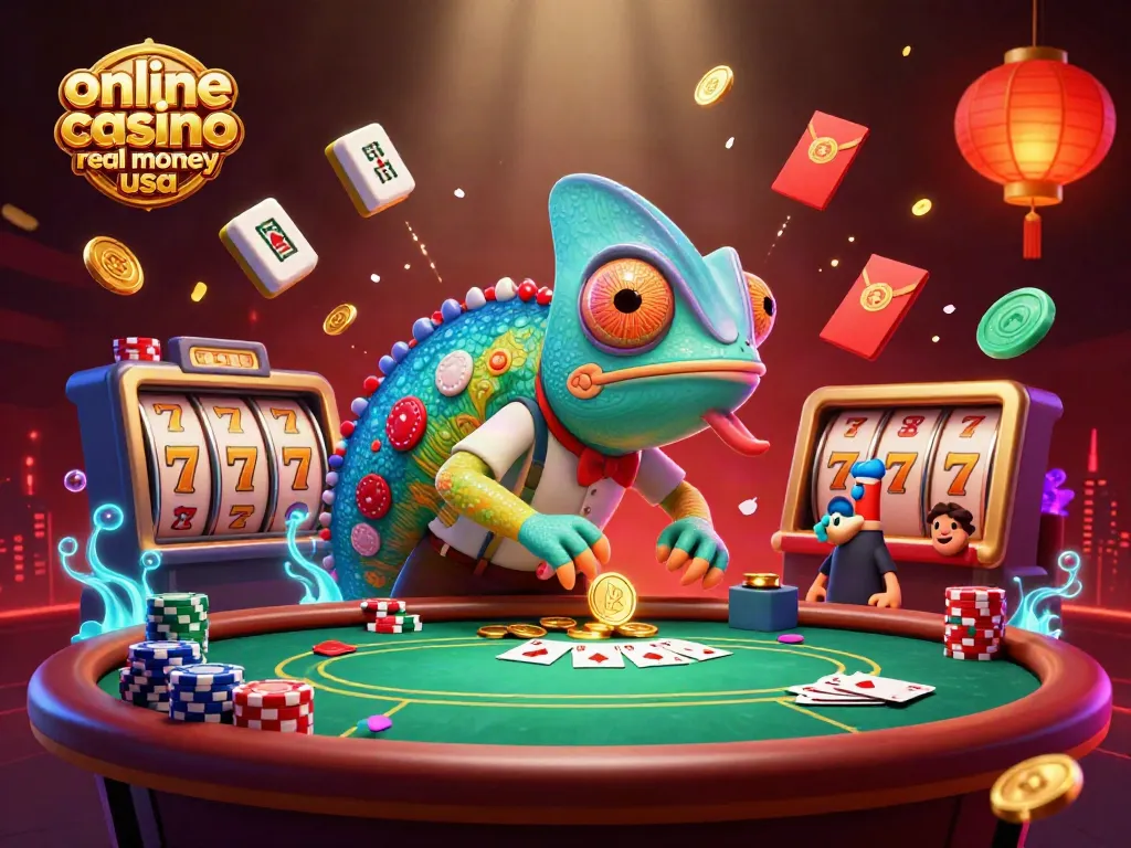 Play at the vibrant online casino real money usa with a fun chameleon character and dynamic game elements.