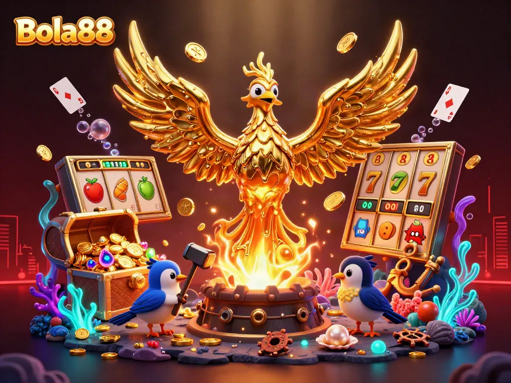 Bola88 immerses players in a vibrant casino scene with a golden phoenix and thrilling slots