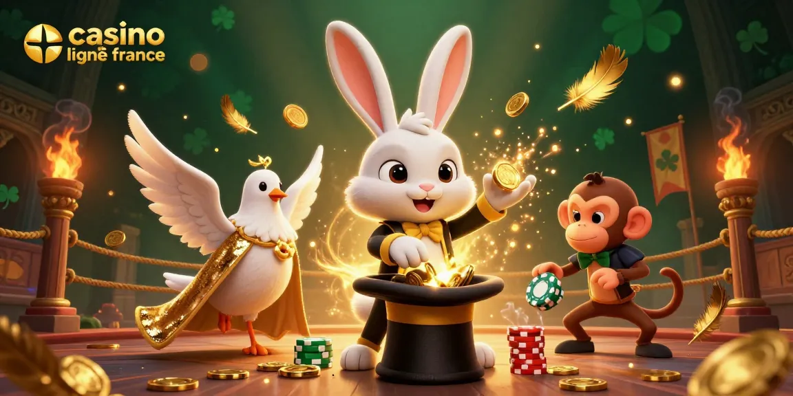 Profitez d'une scène magique avec un "casino en ligne en France" où un lapin magicien fait apparaître des pièces d'or et un singe malicieux dérobe des jetons de poker.