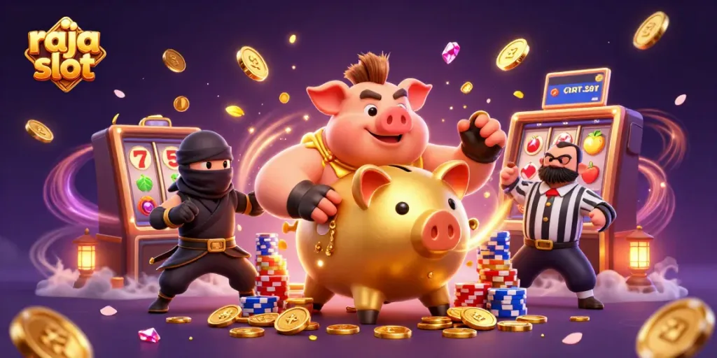 Jelajahi dunia raja slot dengan ilustrasi menarik karakter kasino dan elemen permainan yang ceria.